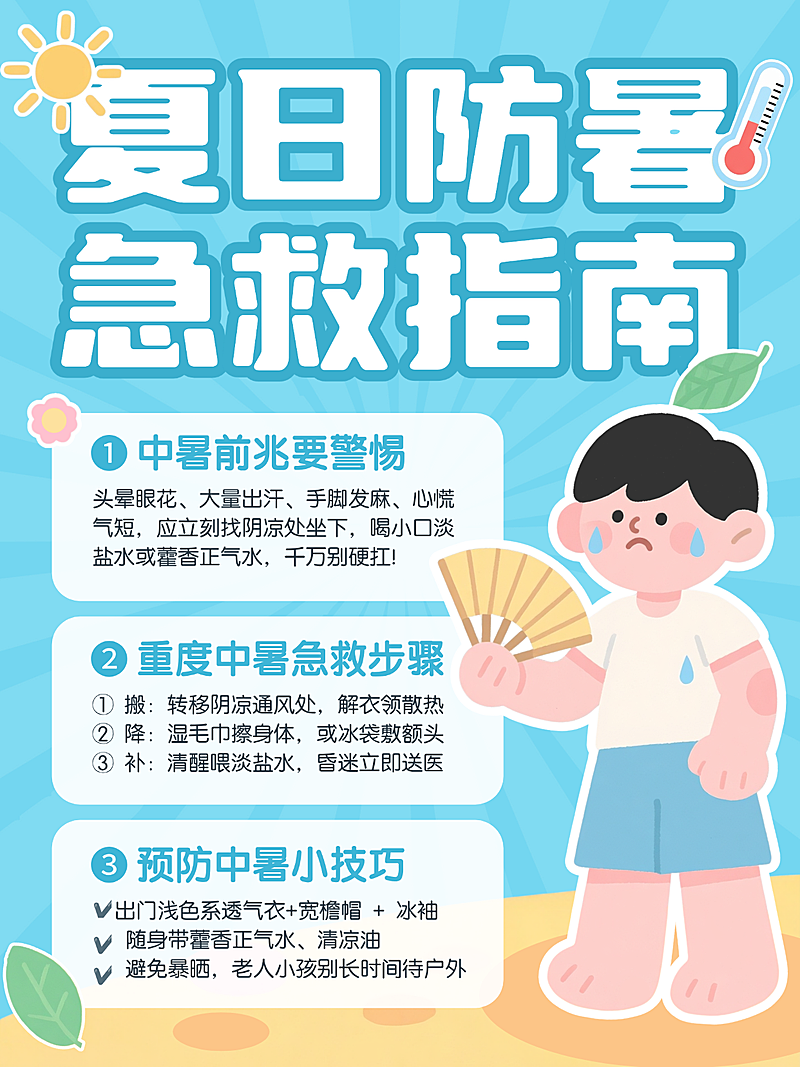 夏日防暑急救指南蓝黄色手绘插画竖版海报