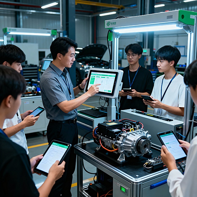 教师在新能源汽车维修实训工作站实时推送工作页内容的教学场景