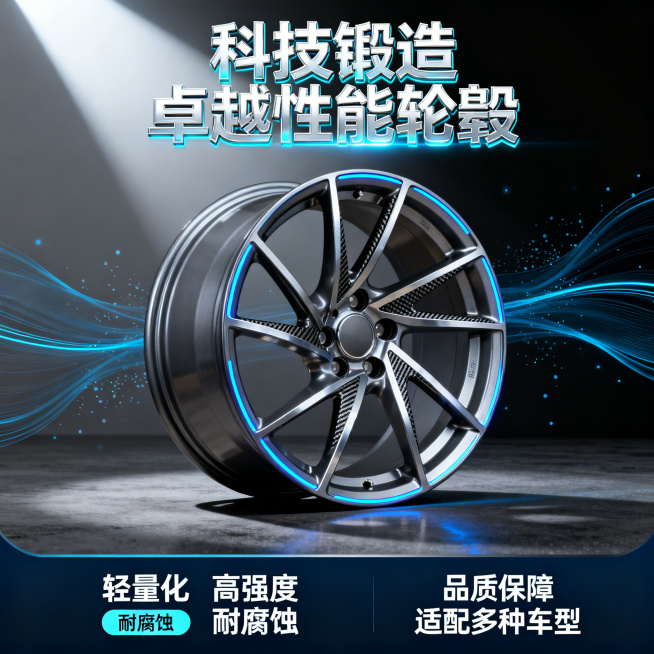 车轮毂电商主图，核心目标是在搜索结果页中一眼抓住用户注意力，提升点击率。顶部核心信息区主标题为"科技锻造 卓越性能轮毂"，字体采用未来感十足的金属质感设计，颜色为亮银色带淡蓝色辉光。中部商品展示区居中预览效果