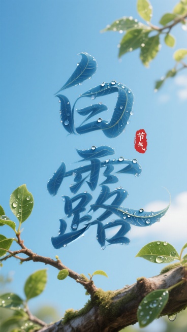 蓝色叶片拉长扭曲变形成”白露” 二字，叶片上有晶莹的露珠点缀。背景是一片晴朗的蓝天，画面中穿插着带有绿叶和水珠的树枝，营造出清新自然的氛围。“白露” 文字位于图像的中上部，红色小印章”节气“点缀，整体预览效果