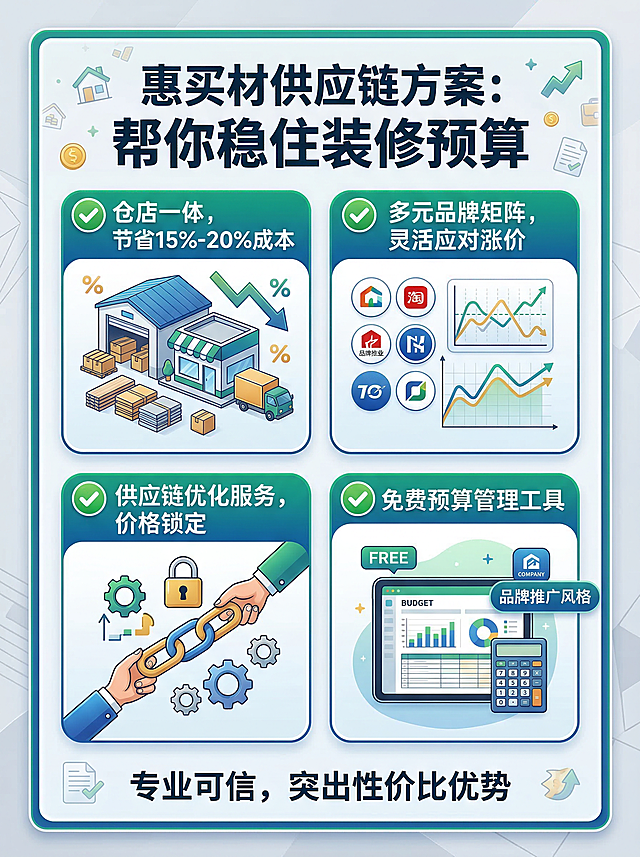 "惠买材供应链方案：帮你稳住装修预算"，✅ 仓店一体，节省15%-20%成本；✅ 多元品牌矩阵，灵活应对涨价；✅ 供应链优化服务，价格锁定；✅ 免费预算管理工具，品牌推广风格，专业可信，突出性价比优势