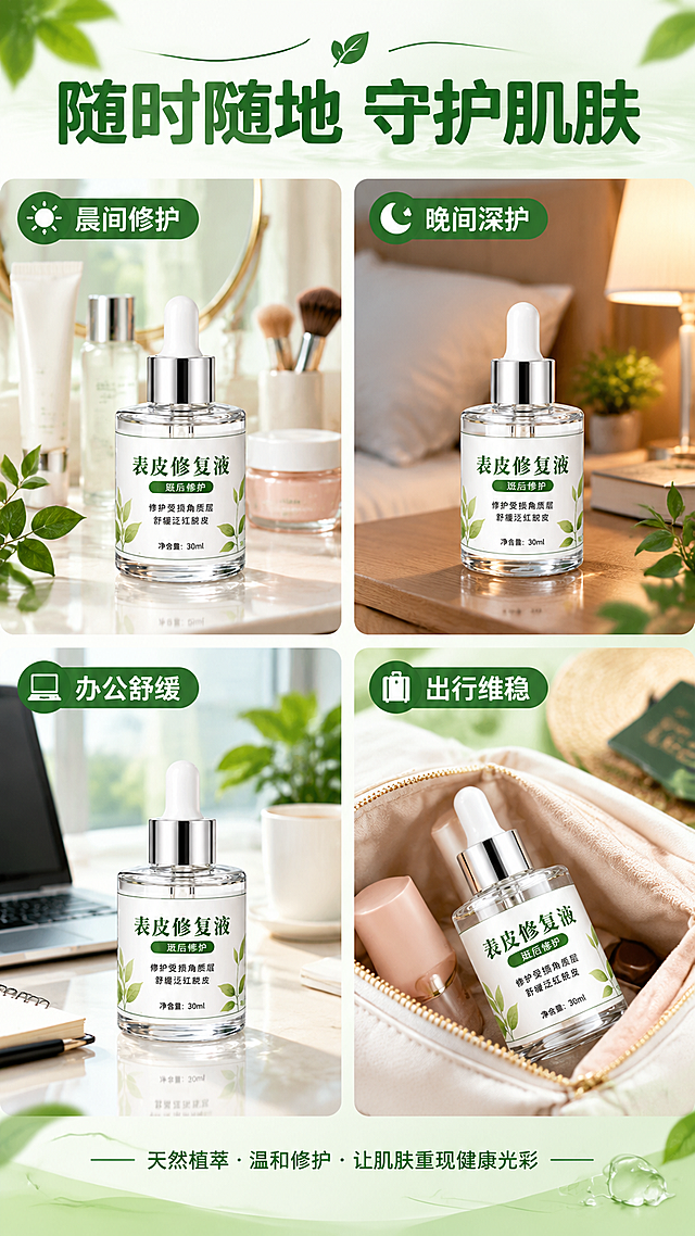 [商品] 使用【图1】透明滴管瓶表皮修复液；保留瓶身形状、白色滴管头、银色金属圈、白色标签、绿色叶子图案、瓶身文字；产品在每个场景中以不同角度自然出现。
[画面] 页面目标：场景种草，展示产品融入日常生活的多个使用时刻；采用多场景拼图型版式，2×2四格展示不同场景：①晨间护肤（梳妆台场景，产品与护肤品摆放一起）②晚间修护（卧室床头柔光场景）③办公室补水（办公桌场景）④旅行随身（化妆包内取出）；每格场景独立但风格统一；背景为各场景自然环境；三层视觉：每格内前景产品、中景场景道具、后景环境虚化。
[视觉] 套系策略：风格=清新自然修护风，商业精修级美妆摄影；标题字=粗黑体，圆润有力；正文字=简洁无衬线体；主色=浅草绿+纯白+生活场景自然色；背景延展=基于主色做深浅渐变、水光质感、各场景自然元素延展；强调色=深森林绿，仅用于小面积图标、引线和重点标签；标题色=深森林绿；正文色=深灰绿；组件=圆角场景框、小字标签、细线引线；光影=各场景自然光感，统一明亮调性。
[文字] 顶部主标题「随时随地 守护肌肤」；每格场景配小标签文字：晨间修护、晚间深护、办公舒缓、出行维稳；文字均为横排，标签简洁明了。
[规格] 图片比例9:16竖版，4K分辨率，负向提示：黑金风格、极简风格、背景重复、产品变形、文字竖排、错字、医疗化表述、绝对化用语、优惠价格信息。