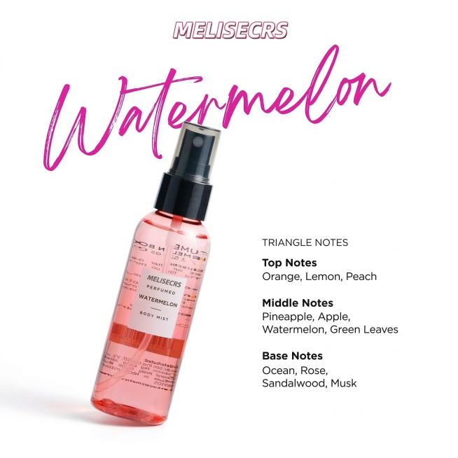 保留产品瓶身，保留顶部文字MELISECRS和瓶口处的Watermelon文字，文字字体和颜色不变，去除其余所有文字、装饰元素和背景，将背景改为纯白色预览效果