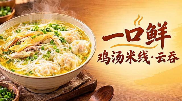 餐饮店铺店招设计，店名"一口鲜鸡汤米线·云吞"，画面左侧是一碗鲜美的鸡汤米线和云吞的特写，汤色金黄，热气腾腾，葱花点缀，写真风格，非常有食欲，右侧是店名文字，字体温暖大气，背景是暖木色和暖黄色渐变的温馨风格，整体横版构图，没有优惠字眼，没有地址电话，干净简洁，美食摄影质感