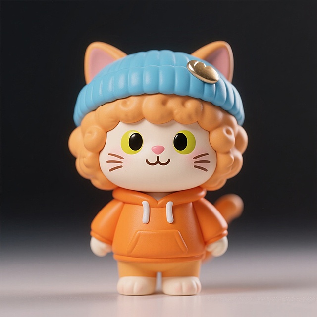 一只以德文卷毛猫为原型的IP形象，可爱丑萌风格，大头短小四肢，橙色为主色调，身穿橙色卫衣和蓝色针织帽，表情开朗乐观友善，毛茸茸的质感，明亮的眼睛，微笑的嘴巴，整体造型圆润可爱，背景简洁