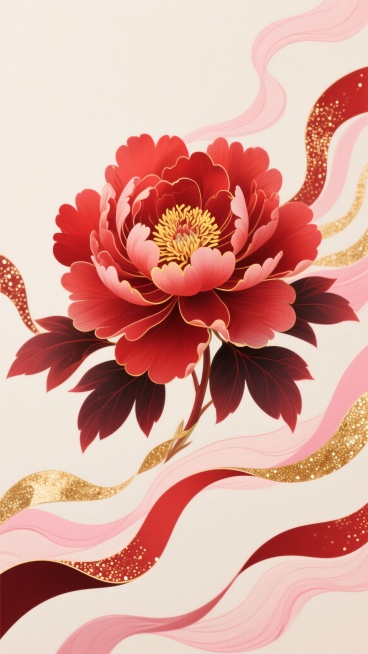 精致的中国风插画，以盛开的红色牡丹花为主体，花朵层次丰富，花瓣边缘柔和渐变，花蕊呈金黄色，搭配深红色叶片，背景为淡雅的米白色，点缀着流动感的粉色与深红色波浪状飘带，飘带上有金色的闪光颗粒和金箔质感的装饰，整体色调和谐统一，营造出典雅华贵、喜庆祥和的氛围，构图饱满，视觉焦点突出，具有浓厚的东方美学韵味。预览效果