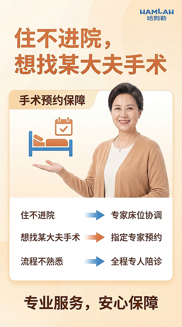模仿图一、图三、图四、图五的温馨专业风格，制作9:16竖版海报，主题为“住不进院，想找某大夫手术”，对应服务“手术预约保障”，画面搭配亲和的中年人物形象，用图标和简洁文字展示内容，色调柔和温暖