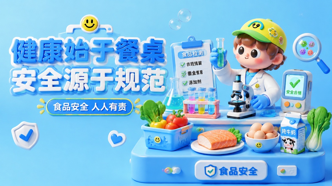 在原图基础上将海报调整为宽屏，保持原有3D卡通C4D盲盒风格，保留所有文字文案和食品安全检测场景元素，只调整画布比例为更宽的尺寸，整体构图保持协调，不改变原有内容和风格，画质超清预览效果