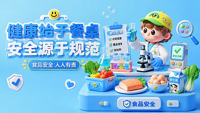 在原图基础上将海报调整为宽屏，保持原有3D卡通C4D盲盒风格，保留所有文字文案和食品安全检测场景元素，只调整画布比例为更宽的尺寸，整体构图保持协调，不改变原有内容和风格，画质超清