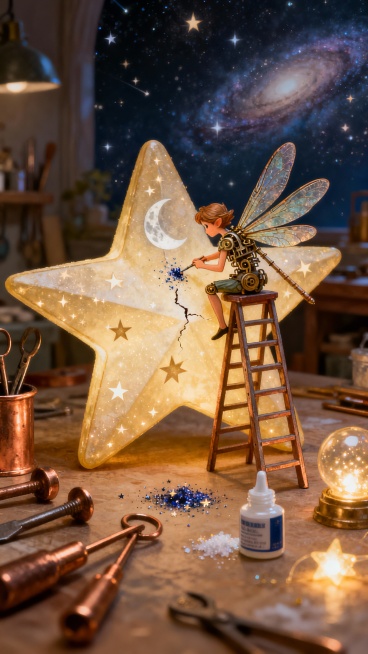 A detailed and whimsical vignette, tiny clockwork elf with dragonfly wings, sitting on a ladder agai预览效果