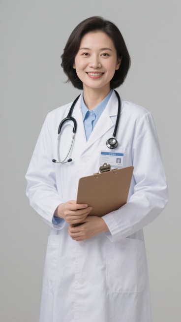 一位30-40岁左右的亚洲女性医生，身着洁白的医生白大褂，内搭浅蓝色衬衫，脖子上挂着黑色听诊器，听诊器头清晰可见，双手捧着一个棕色的病历夹，胸前佩戴着医生工牌（不含具体文字信息），面带温和亲切的微笑，眼神温暖有神，背景为纯净的浅灰色，整体画面采用明亮柔和的自然光，光影过渡自然，具有清晰的写实摄影质感，人物姿态自然放松，构图居中，突出医生专业、亲和的职业形象。预览效果