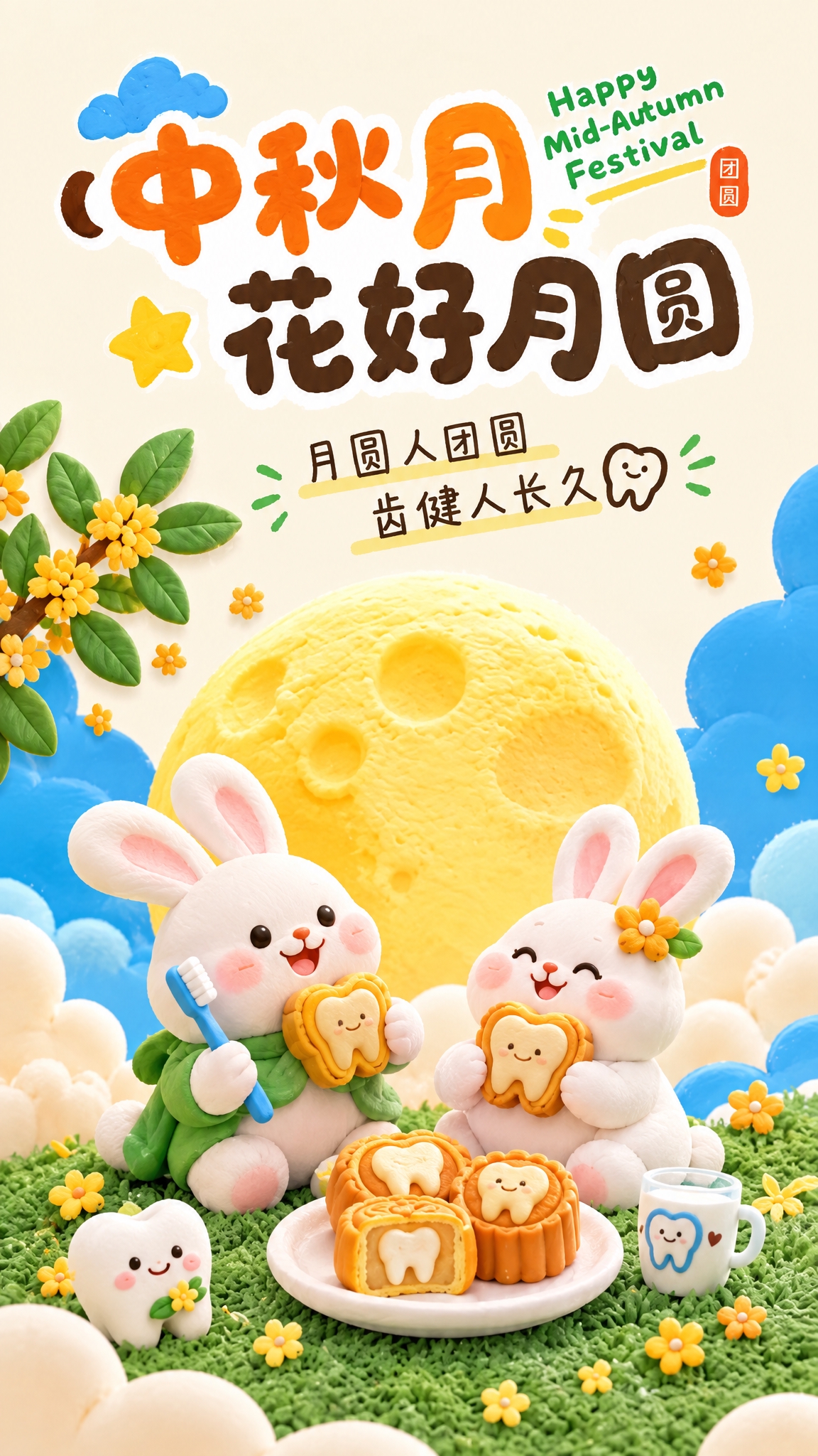 参考图的可爱3D黏土风格、构图和中秋氛围，制作一张牙科中秋节节… - 图片创意预览