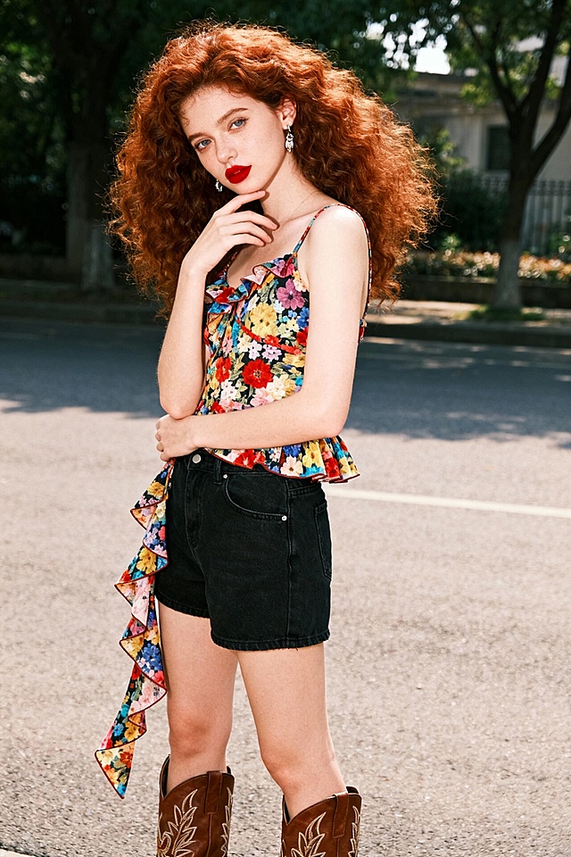 一位超高颜值的甜酷欧美辣妹，红棕色大波浪卷发蓬松有层次，妆容精致红唇亮眼。动作是自然站立姿态，身体微侧，表情略带慵懒感。穿搭为彩色花卉印花的不规则荷叶边无袖上衣（衣摆侧边飘带垂落），搭配黑色牛仔超短裤，脚踩棕色刺绣西部牛仔靴，手腕佩戴细手链。背景户外街头，甜酷场景，甜辣复古风，实拍质感，保留服装的印花纹理与牛仔靴刺绣细节，高清细节，焦点清晰，网感头像，美甲，手部网拍姿势，微醺，自然松弛，甜美妆容，可爱纯欲感，网感妆，自然光线，暖调滤镜，少女感网拍，概念风美学，情绪氛围感，聚焦眼睛，慵懒氛围感，独特韵味的美，耳饰，吊带，远景镜头 看镜头