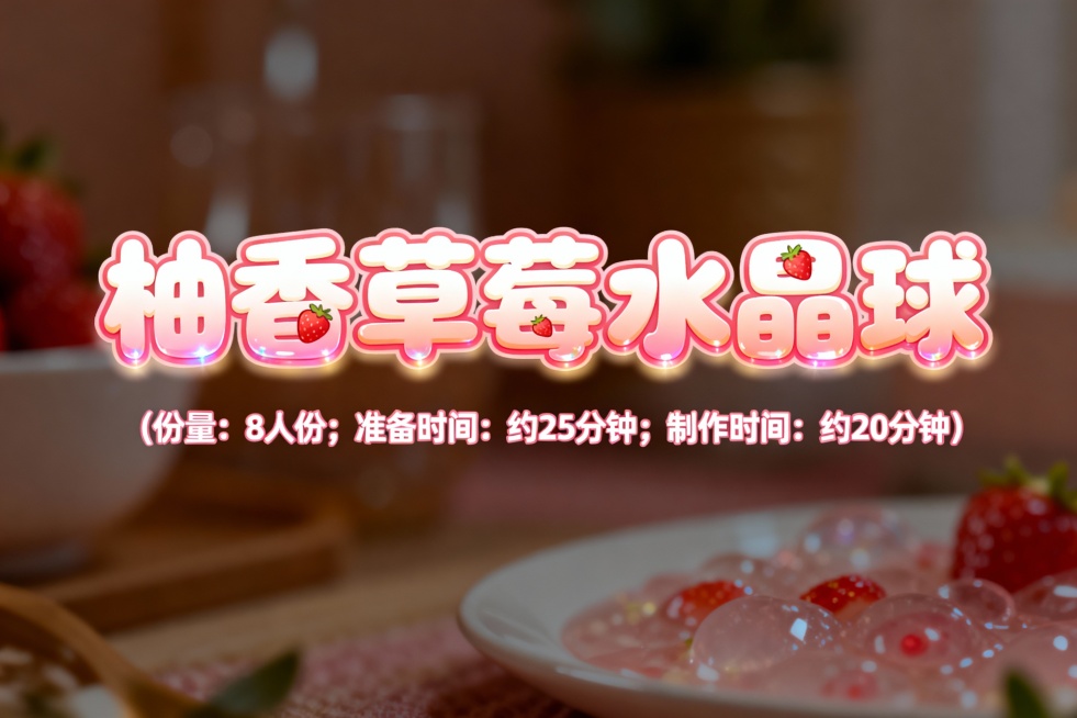 设计几个艺术字，颜色适合放在草莓色插画底图上，字体活泼可爱，第一排字的内容是柚香草莓水晶球；第二排字比第一排小五倍，内容是（份量：8人份；准备时间: 约25分钟；制作时间：约20分钟）预览效果
