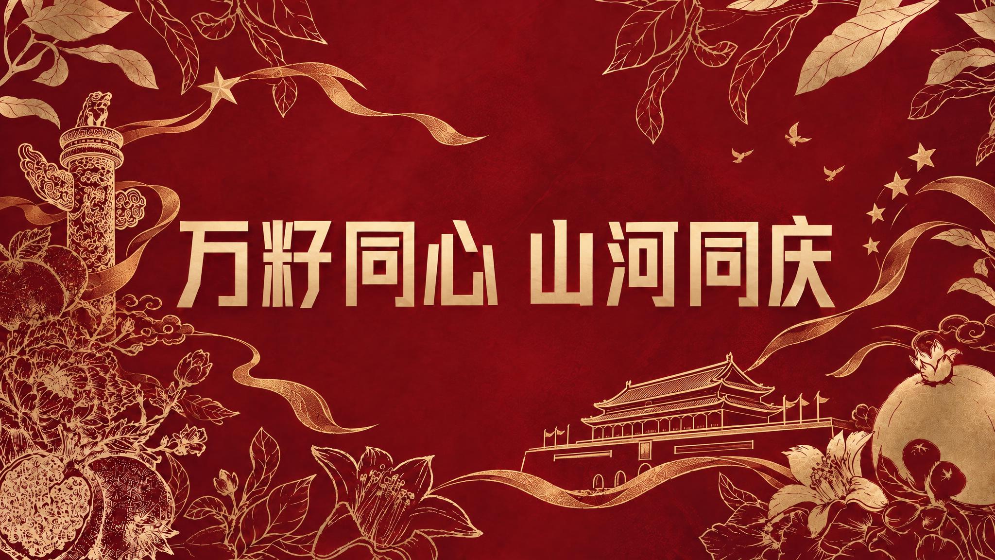 将图片中间的文字修改为“万籽同心 山河同庆”，保持原有的金色粗… - 图片创意预览