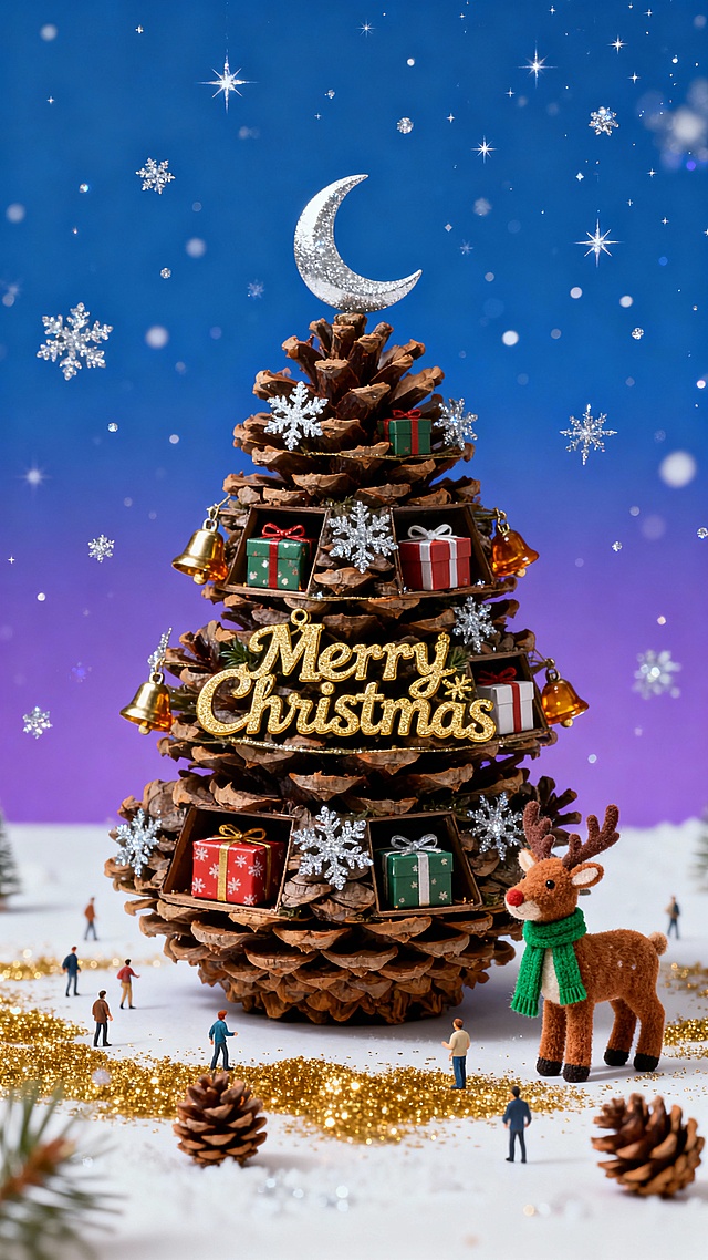 四层松果堆叠的微缩圣诞树场景，缀着银箔雪花、琥珀色铃铛，顶部银色月牙，树身有 “Merry Christmas” 鎏金艺术字。每层嵌着圣诞礼盒；树外右下角立着棕毛绒驯鹿（挂绿围巾），地面撒金粉松果。背景是上下渐变的蓝紫双色，空中飘着闪银雪粒与星点。