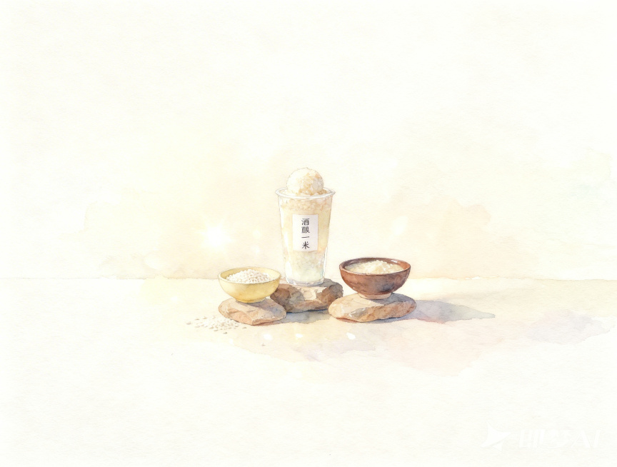 将这张酒酿饮品图片转换为淡彩水彩手绘风格，参考图是水彩手绘奶茶杯，将原图改为相同的淡彩手绘风格，保留原图内容构图，保留标签上的文字“酒酿一米”，干净浅色背景预览效果