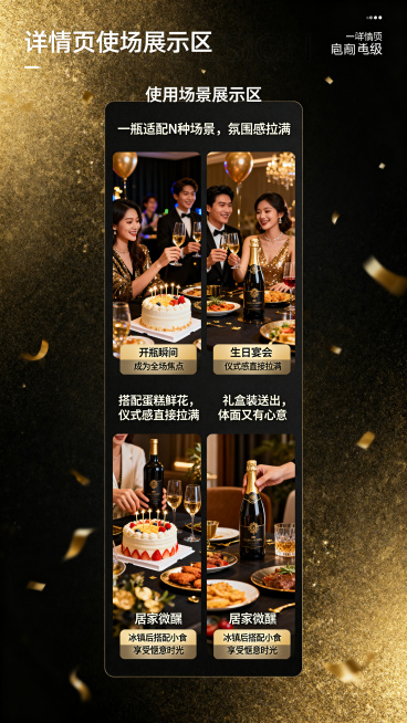 电商详情页使用场景展示区，4宫格场景图，分别是派对轰趴、生日宴会、送礼场景、居家微醺，标题是"一瓶适配 N 种场景，氛围感拉满"，每个场景配对应文案：派对轰趴"开瓶瞬间，成为全场焦点"，生日宴会"搭配预览效果
