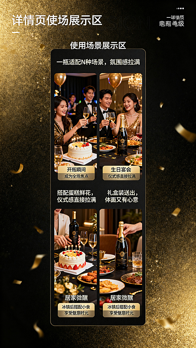 电商详情页使用场景展示区，4宫格场景图，分别是派对轰趴、生日宴会、送礼场景、居家微醺，标题是"一瓶适配 N 种场景，氛围感拉满"，每个场景配对应文案：派对轰趴"开瓶瞬间，成为全场焦点"，生日宴会"搭配蛋糕鲜花，仪式感直接拉满"，送礼佳品"礼盒装送出，体面又有心意"，居家微醺"冰镇后搭配小食，享受惬意时光"，场景图加标签文案，黑金高级风格，竖版长图