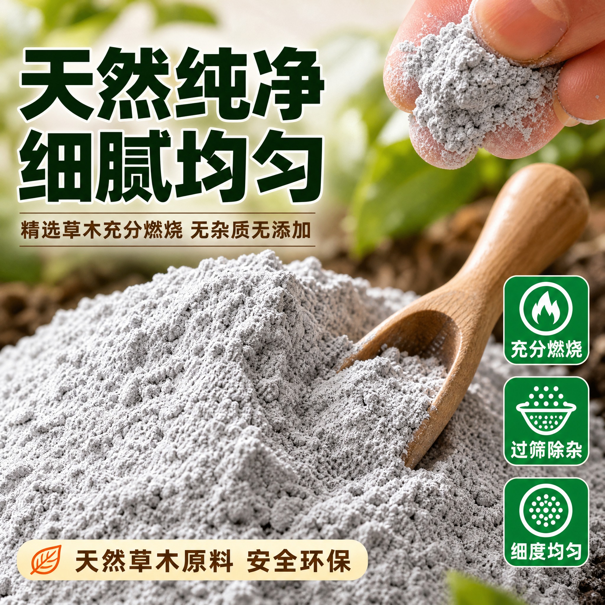 [主图-3] 材质细节品质展示，主题为草木灰原料天然纯净、细腻… - 图片创意预览