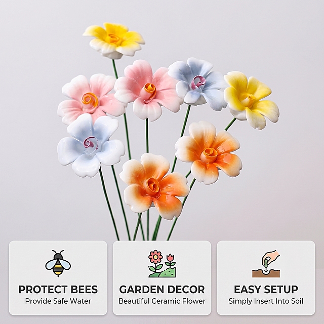[主图 3] Core selling points display
[氛围风格] 清晰功能展示，专业直观。
[画面元素] 商业摄影质感、光线柔和通透、产品清晰真实、画面干净高级。主体整套渐变陶瓷蜜蜂喂食器居中，浅灰色简洁背景，三个功能卖点卡片排列在产品下方，每个卡片带图标+英文说明。保持产品形状和渐变色与图1一致。
[配色色系] 浅灰背景，深灰文字，花朵本身彩色突出，对比清晰。
[视角构图] 产品在上卖点在下，平衡构图，主体突出。
[文字版式] 三个卖点横向排列：1. Icon+标题 "PROTECT BEES" 说明 "Provide Safe Water"; 2. Icon+标题 "GARDEN DECOR" 说明 "Beautiful Ceramic Flower"; 3. Icon+标题 "EASY SETUP" 说明 "Simply Insert Into Soil". 排版清晰，字体对比分明，全英文展示。
[比例分辨率] 1:1比例，2k分辨率；文字清晰可辨，超高清。
[负向提示词] 变形，水印，文字错乱，产品图模糊，背景杂乱，中文文字