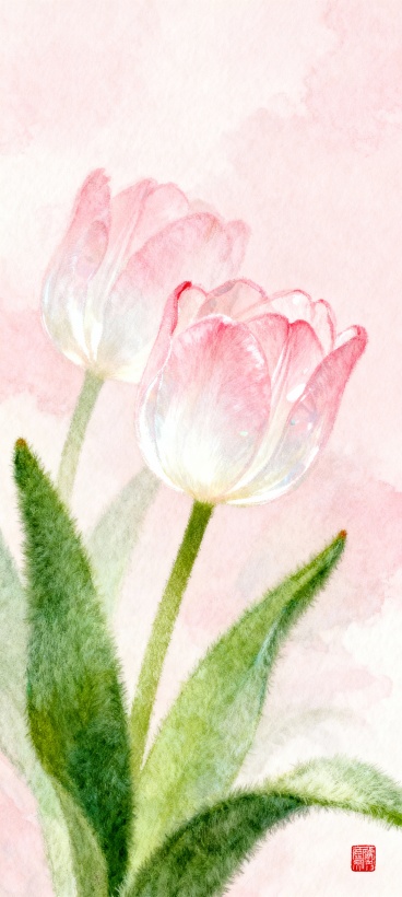 画面主体是一枝粉白色杜鹃花簇，搭配青绿叶片，色彩柔和通透，背景是浅粉色的朦胧肌理，右下角还有一枚红色小印章，整体毛绒质感。预览效果