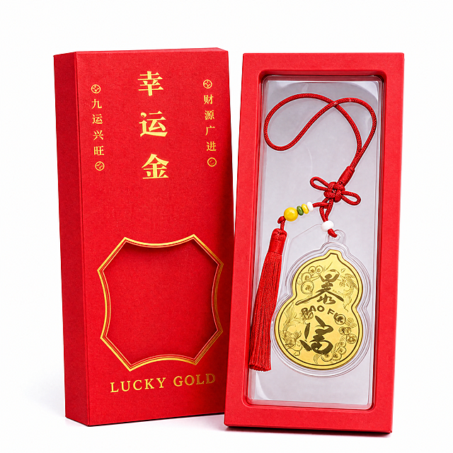 产品精修，产品置于纯白背景上，专业商业棚拍光，5500K标准中性白光，轮廓光，体积光，曝光正确，强烈真实立体感，接地处保留干净浅淡的自然接触阴影，严禁大片投影、脏灰阴影和悬浮感，主体居中，商品完整入画不裁切，商品外轮廓视觉体量约画面60%-80%，四边均匀留白约10%-20%，严禁满幅铺满与贴边顶满，极致超清画质，细节清晰锐利，4K分辨率，商业级实拍质感，保留原图真实材质与结构细节，去除手部、手指与身体入镜，仅保留商品主体，智能修补被手遮挡区域，锁定原图商品颜色，颜色以输入图为唯一参考，分段部件颜色边界按原图锁定，锁定原图商品轮廓、件数、部件位置、连接关系、标签文字和可见功能细节，只做精修不重绘结构，只保留原图可见首饰结构，锁定整体大小比例、吊坠尺寸、链条可见长度、链条粗细、链节形态、链条弧度、连接环、搭扣和小装饰件位置；链条上的可见小珠、结点、装饰颗粒、深浅色块和不规则细节按原图位置保留。保持吊坠与链条的连接关系、上下比例和居中关系，禁止补全画面外链条、延长链条、增加链段/搭扣/小元素、改变吊坠大小、加粗/变细链条、改链节样式、规则化链条细节、断链、错扣或重绘成其他款式，红色纸质包装盒：纸质哑光质感，柔和漫反射，低高光，透明开窗亚克力：透明塑胶/亚克力/PC质感，折射边线清晰，透明层次自然，金牌金属：金属光面质感按原图锁定，高光边线清晰，反射干净但不过度镜面化，前侧视图，标准透视校正，正常透视焦段，保持同类机位，比例1:1