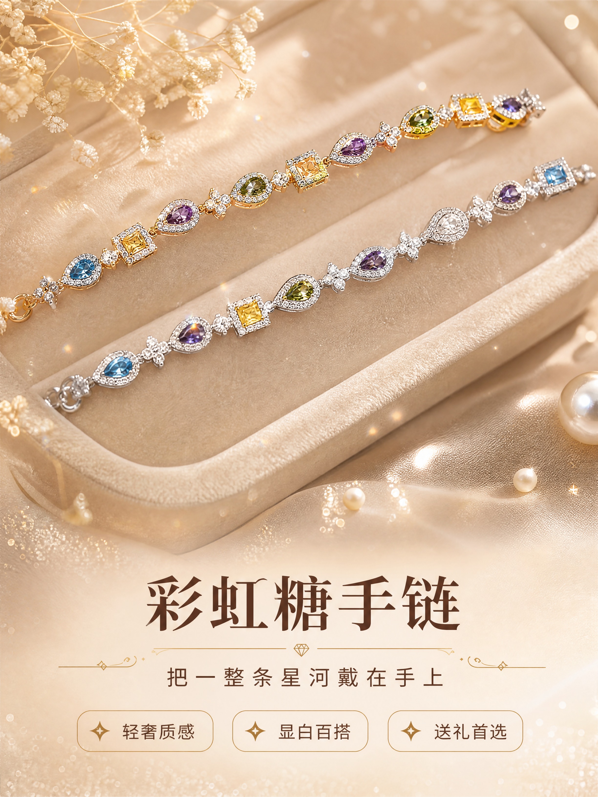 [商品] 使用【图1】彩宝锆石手链，金银双色各一条；保留手链结… - 图片创意预览