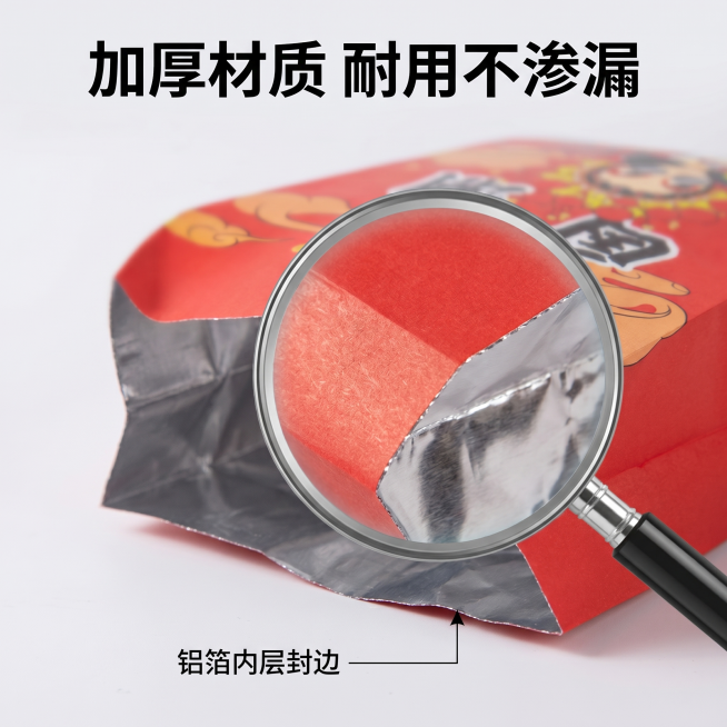 [主图 3] 烧烤防油纸袋材质细节展示
[氛围风格] 专业质感展示，国潮简约风
[画质] 商业摄影质感、光线明亮通透、产品清晰真实、画面干净高级
[元素] 放大镜效果局部放大展示烧烤防油纸袋的加厚纸张预览效果