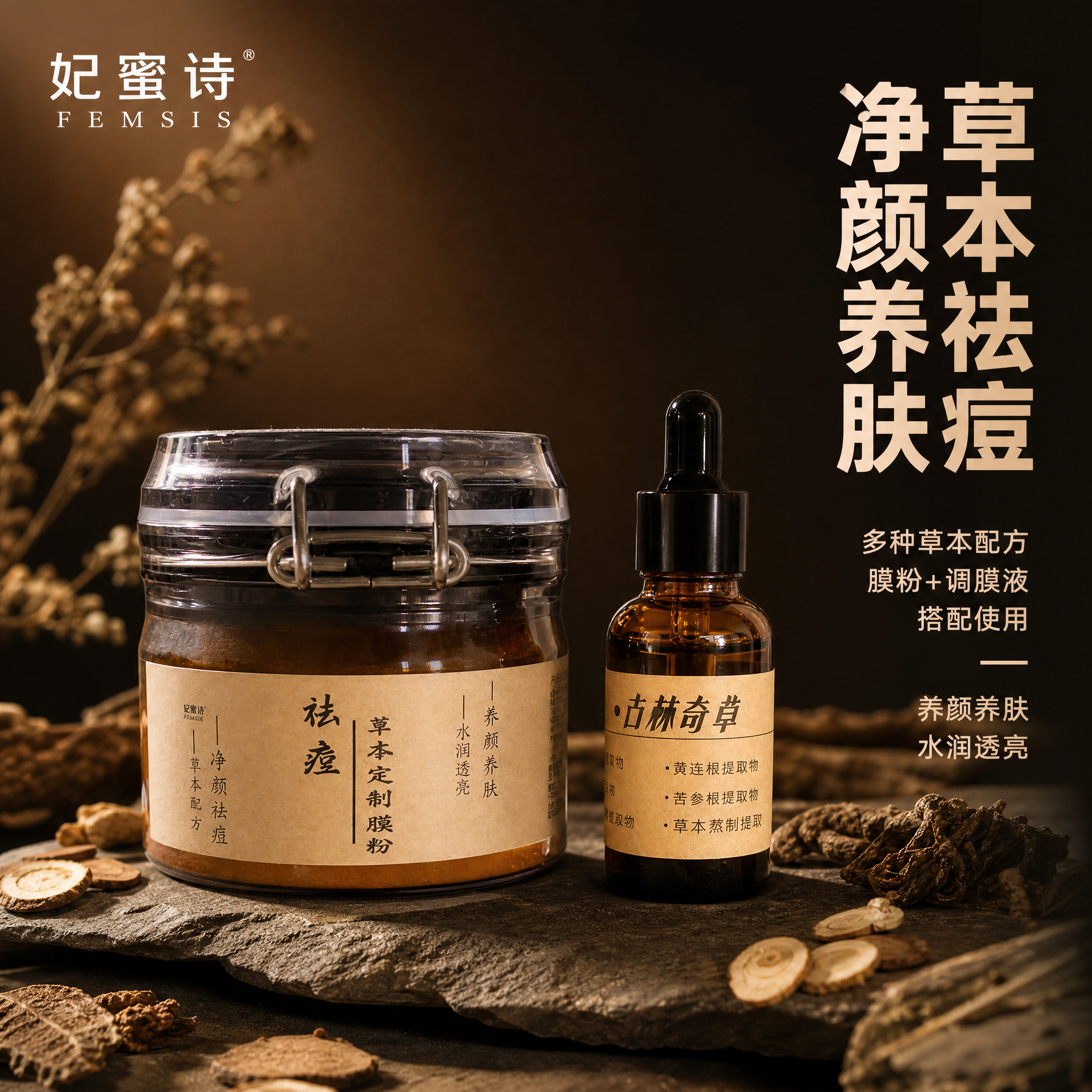 [主图-1] 首图品牌调性，展示妃蜜诗祛痘草本定制膜粉与定制调… - 图片创意预览