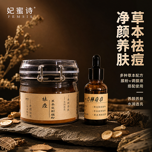 [主图-1] 首图品牌调性，展示妃蜜诗祛痘草本定制膜粉与定制调膜液搭配使用的核心产品形象，突出多种草本植萃中药护肤的高级质感。
[统一基调] 抖音1:1主图，草本中药风格，整体色调以深棕褐色、琥珀色、米黄色为主，背景为深褐色渐变搭配柔和中药草本氛围，主标题用米白色粗体非衬线字体，辅助文字用浅棕色，强调色为琥珀金，字体干净利落不花哨，商业摄影质感。
[画面] 画面中央偏左放置大罐草本定制膜粉（玻璃罐带金属卡扣，罐内是深褐色偏黑的中药膜粉，米黄色标签写有祛痘草本定制膜粉字样），右侧放置棕色滴管瓶调膜液（米黄色标签写有古林奇草字样），两瓶呈黄金比例摆放，产品占画面约65%。背景为深褐色渐变，底部有天然石质台面，周围散落少量晒干的深褐色草本植物药材（黄芪片、连翘、黄连、甘草片等，颜色偏黑褐色），营造中药草本源头氛围。左上角放置品牌标识区域。
[光影质感] 高级商业静物摄影质感，柔光箱布光，主光从左上方45度打下，玻璃罐有清晰高光反射，瓶身通透有质感，底部有自然柔和的接触阴影，整体光影柔和有层次，突出中药草本的厚重与纯净。
[配色] 主色深棕褐色、琥珀色、米黄色，草本植物为晒干后偏黑的中药颜色，背景深褐渐变，文字米白与浅棕，整体统一草本中药调性。
[文字版式] 画面右侧竖排或右上区域放置大标题"草本祛痘 净颜养肤"，下方小字"多种草本配方 膜粉+调膜液 搭配使用"，再下方"养颜养肤 水润透亮"，文字清晰不遮挡产品主体，字体为干净的非衬线粗体，主标题最大最醒目。
[输出要求] 1:1正方形比例，2K高清，产品清晰不变形，文字清晰可读，无水印无平台logo，无多余杂物，画面干净高级有质感。负向：产品变形、标签错字模糊、颜色偏差、悬浮、穿模、杂乱背景、低质素材、夸张功效表述。