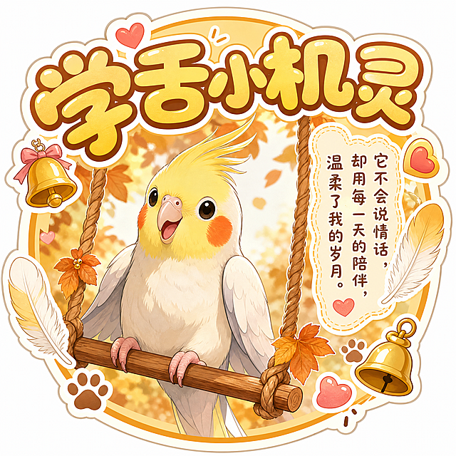 宠物主题异形贴纸，中心是卡通玄凤鹦鹉站在秋千，边缘异形抠图贴合圆形轮廓，圆润大字主标题"学舌小机灵"，暖色调，侧边小字补充"它不会说情话，却用每一天的陪伴，温柔了我的岁月。"，边角点缀小铃铛、羽毛、爪印、爱心装饰，活泼温馨风格