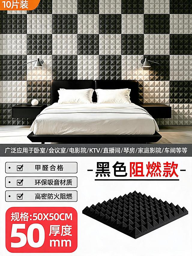 复刻这张黑色阻燃款金字塔吸音棉主图，保留所有文字信息：左上角10片装、适用场景范围、三个卖点勾选、规格信息和“黑色阻燃款”标题，更换整个卧室环境为全新现代简约卧室，保持黑白拼色吸音棉背景不变，更换床和床头柜款式、灯具，整体构图结构不变，产品核心卖点意思不变，风格保持清晰电商主图质感。