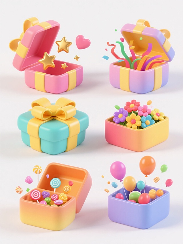 一系列6个不同造型的3D卡通礼盒，每个礼盒都有一个黄色的大蝴蝶结，礼盒主体为不同的纯色渐变色彩，背景为纯白色。第一个礼盒打开，里面飞出金色的星星；第二个礼盒打开，里面飞出粉色的爱心；第三个礼盒打开，里面飞出彩色的彩带；第四个礼盒打开，里面飞出五颜六色的花朵；第五个礼盒打开，里面飞出各种形状的糖果；第六个礼盒打开，里面飞出彩色的气球。所有礼盒整齐排列，保持3D立体效果、圆润的边角、光滑的材质、明亮的光影和欢快的氛围，每个礼盒的细节丰富，色彩鲜艳且和谐，整体呈现出可爱、活泼的设计风格。