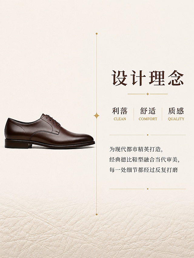 [第2屏] 商务正装皮鞋设计理念页。经典德比鞋型的现代演绎，用风格关键词诠释设计方向。
[氛围/风格] 简约高级设计感，米灰底色，杂志内页排版风格，文艺精致。
[元素布局] 画面左侧放置一只深棕色皮鞋的侧面剪影/轮廓图，占比约40%；右侧为设计理念文字区；背景为浅米色纸张质感，底部有淡淡的皮革纹理装饰；中间穿插细小的金色分割线和装饰点；皮鞋保持德比鞋型、深棕色、系带结构。
[光影质感] 均匀柔和的漫射光，无强烈阴影，整体明亮干净，突出设计感和品质感。
[配色色系] 全局底色 #F5F2ED 米灰色；主色深棕 #5C3D2E；辅助色金色 #C9A96E、深灰 #333333。
[视角构图] 正面平视，左右分栏构图，左图右文，阅读动线从左到右。
[文字版式] 右侧上方主标题「设计理念」4字大号衬线字体深棕色；下方三个风格关键词横向排列：「利落」「舒适」「质感」，每个关键词配小号英文说明「CLEAN」「COMFORT」「QUALITY」；关键词下方一段描述文案「为现代都市精英打造，经典德比鞋型融合当代审美，每一处细节都经过反复打磨」；文字排版有呼吸感，行距宽松。
[比例分辨率] 3:4竖版比例，4K分辨率，文字清晰可辨，高清画质。
[负向提示词] 鞋型变形，颜色偏差，水印，文字错乱，背景杂乱，文字过小。