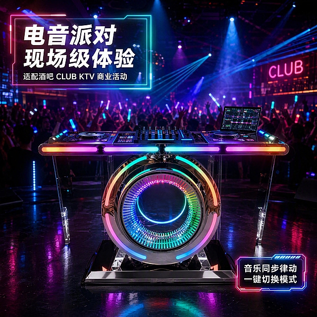 [主图-4] 真实使用场景图，电音酒吧/CLUB现场DJ台使用氛围
[氛围风格] 沉浸式电音派对场景，赛博朋克夜店氛围，霓虹灯光璀璨，人群狂欢氛围感
[画质] 商业场景摄影质感，氛围真实自然，产品清晰融入场景，灯光效果绚丽
[元素] DJ台放置在夜店/酒吧舞台中央，正面朝向观众，RGB灯带全开处于音乐律动模式，灯光随节拍闪烁。台面上摆放DJ控制器、混音台、笔记本电脑，展示双翼台面的实际使用状态。背景为模糊的夜店舞池场景，有狂欢人群剪影、激光灯束、烟雾效果，远处吧台与霓虹招牌隐约可见。舞台地面为深色反光材质，倒映DJ台灯光。画面整体沉浸感强，产品是场景的核心焦点。保持DJ台外观、结构、尺寸比例与产品图1完全一致，自然融入场景，光影随场景调整但产品本身不变形。商品主体占比约50%。
[光影] DJ台自身RGB灯带为主要光源，投射出七彩光影在周围环境；舞台顶光有聚光灯束打向DJ台；背景有激光灯、频闪灯等夜店典型灯光效果；烟雾中可见光束轨迹；整体暗调高对比，霓虹光效绚丽。
[配色] 主色深黑（夜店环境）；辅色霓虹粉紫、冰蓝、青绿色、橙红（各种灯光）；强调色金属银白反光；整体色彩丰富但有统一的赛博朋克霓虹基调。
[视角构图] 略低角度平视，DJ台居中偏前，背景舞池人群虚化形成景深，前景舞台地面有反光，空间纵深感强，氛围沉浸。
[文字版式] 画面左上角叠加半透明霓虹边框文字块，主标题"电音派对 现场级体验"，白色粗体大字；下方小字"适配酒吧 CLUB KTV 商业活动"，白色细体。右下角有小型霓虹标签"音乐同步律动 一键切换模式"。文字均放在画面边缘负空间，不遮挡DJ台主体。所有文字横排，清晰可读。
[输出要求] 1:1比例，文字清晰锐利，超高清商业摄影质感
[负向提示词] 变形，文字错乱，产品图模糊，水印，电商平台Logo，人物面部扭曲，畸形手，多余的手指