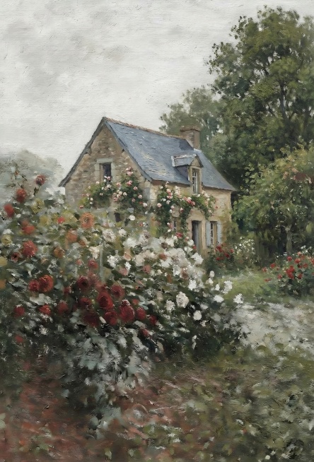 替换为相似风格的法国乡村住宅，左下角的花朵和叶子变得更加茂盛，右侧的树木也更加茂盛，整体色调和莫奈印象派油画风格保持不变预览效果