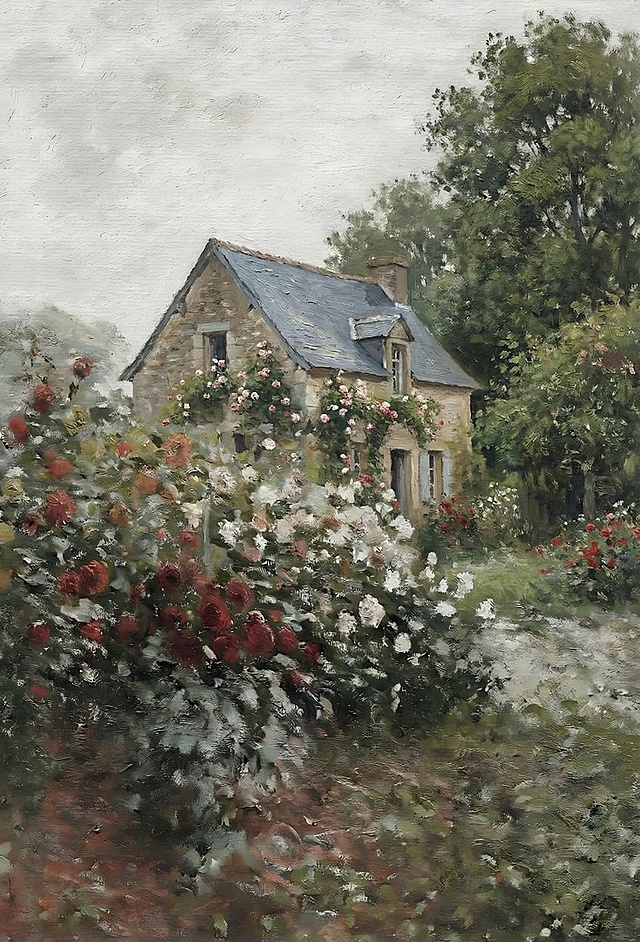 替换为相似风格的法国乡村住宅，左下角的花朵和叶子变得更加茂盛，右侧的树木也更加茂盛，整体色调和莫奈印象派油画风格保持不变