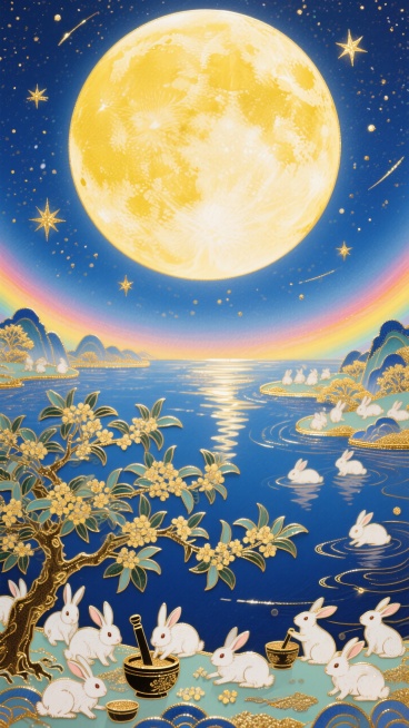 梦幻奇幻风格，全景，画底部有很多兔子在桂花树树下捣药， 中央巨大的发光满月，超现实的星空河流世界，梦幻感，色彩以深邃蓝、暖黄为主，搭配金色点缀预览效果