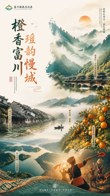 富川瑶族自治县文旅宣传海报，主题“橙香富川·瑶韵慢城”，融合秀水状元村青砖黛瓦古巷荷塘，福溪村百柱庙风雨桥群，神仙湖晨雾，龟石水库风光，脐橙果园金黄硕果，水墨国风风格，青绿加暖橙色调，云雾缭绕，用瑶族预览效果