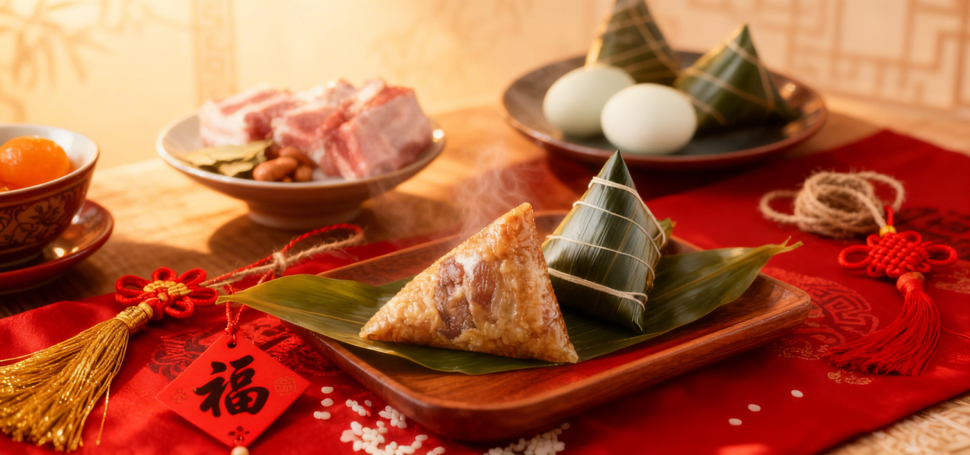 修改图片为喜庆热闹中式年味风格，添加节日喜庆氛围元素：保留中心肉粽主体，更换为剥开一半展示饱满馅料的角度，添加完整捆扎好的肉粽、新鲜粽叶、圆粒糯米、五花肉块、咸蛋黄、棉绳搭配装饰，摆放红色中式餐布、木预览效果
