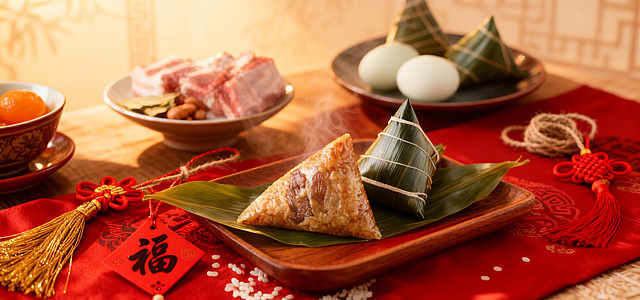 修改图片为喜庆热闹中式年味风格，添加节日喜庆氛围元素：保留中心肉粽主体，更换为剥开一半展示饱满馅料的角度，添加完整捆扎好的肉粽、新鲜粽叶、圆粒糯米、五花肉块、咸蛋黄、棉绳搭配装饰，摆放红色中式餐布、木质托盘、复古陶瓷碗碟，点缀红色福字小挂饰、中国结、金色流苏，调整背景为温暖原木桌面搭配浅暖色中式纹理背景，调整光影为暖金色柔光侧光，添加轻微蒸汽雾气，将整体色调调整为温暖红润，保持构图饱满大气，突出新鲜食材和馅料饱满，高清写实质感，无多余文字干扰，喜庆大气不杂乱。