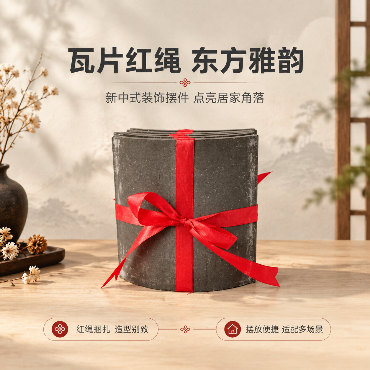 [商品] 使用【图1】瓦片捆红绳装饰摆件；保留瓦片弧形结构、灰… - 图片创意预览