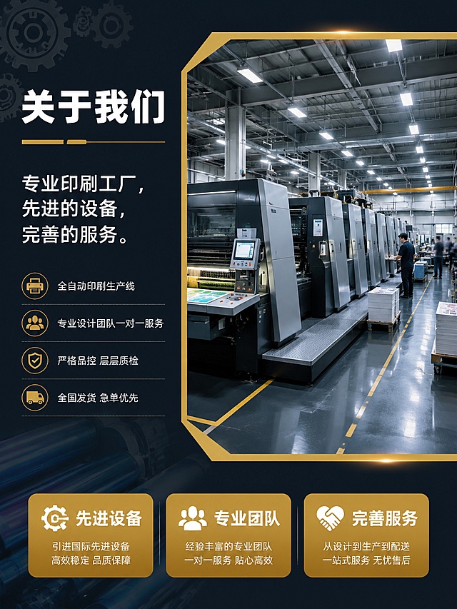 [第7屏] 关于我们-专业印刷工厂实力展示。本屏为服务类品牌实力屏。
[氛围/风格] 工业风工厂实力展示，深蓝底色，现代化印刷工厂场景，专业大气有实力感。
[元素布局] 左侧为文字介绍区，右侧为现代化印刷工厂车间场景图（大型印刷机、自动化生产线、整齐的厂房环境）；场景图有金色边框装饰；背景有齿轮、滚筒等印刷元素的剪影；底部有三个实力数据标签横向排列。
[光影质感] 工厂场景图内部有真实的工业照明（明亮的厂房灯光、设备金属反光）；整体画面左侧文字区柔和，右侧场景图明亮有冲击力；金色边框有金属光泽。
[配色色系] 全局底色 #1A2332（深蓝灰）；主色金色 #D4AF37；辅助色白色文字、工厂场景自然色调；数据标签用金色底白字。
[视角构图] 左右分栏构图，左侧文字区约占40%，右侧工厂场景图约占60%；阅读动线从左上标题 → 左侧介绍文字 → 右侧工厂场景 → 底部实力数据。
[文字版式] 左上主标题「关于我们」白色粗体大字，下方金色装饰线；主标题下方正文「专业印刷工厂，先进的设备，完善的服务。」白色中等字号；正文下方补充几行小字说明：「· 全自动印刷生产线」「· 专业设计团队一对一服务」「· 严格品控 层层质检」「· 全国发货 急单优先」；底部三个实力数据标签横向排列：「先进设备」「专业团队」「完善服务」，金色底白字圆角标签；右侧工厂场景图占据画面右半部分，图中有现代化的大型数码印刷机、整齐的生产车间、专业的工作人员（虚化处理）。
[比例分辨率] 3:4 竖版比例，4K 分辨率，文字清晰可辨，高清画质。
[负向提示词] 变形，水印，文字错乱，文字过小，工厂场景模糊，颜色偏差，背景杂乱。