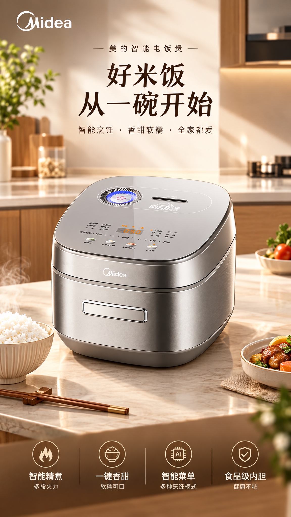 基于图中的美的电饭煲产品，制作一张竖版电商海报。产品居中突出展… - 图片创意预览
