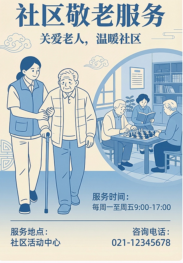 参考上传海报，修改为简约温暖中国风，蓝色+米白色配色，保留原海报的文字内容和卡通风格，保留关爱老人的画面主题，适合公众号使用，无侵权元素