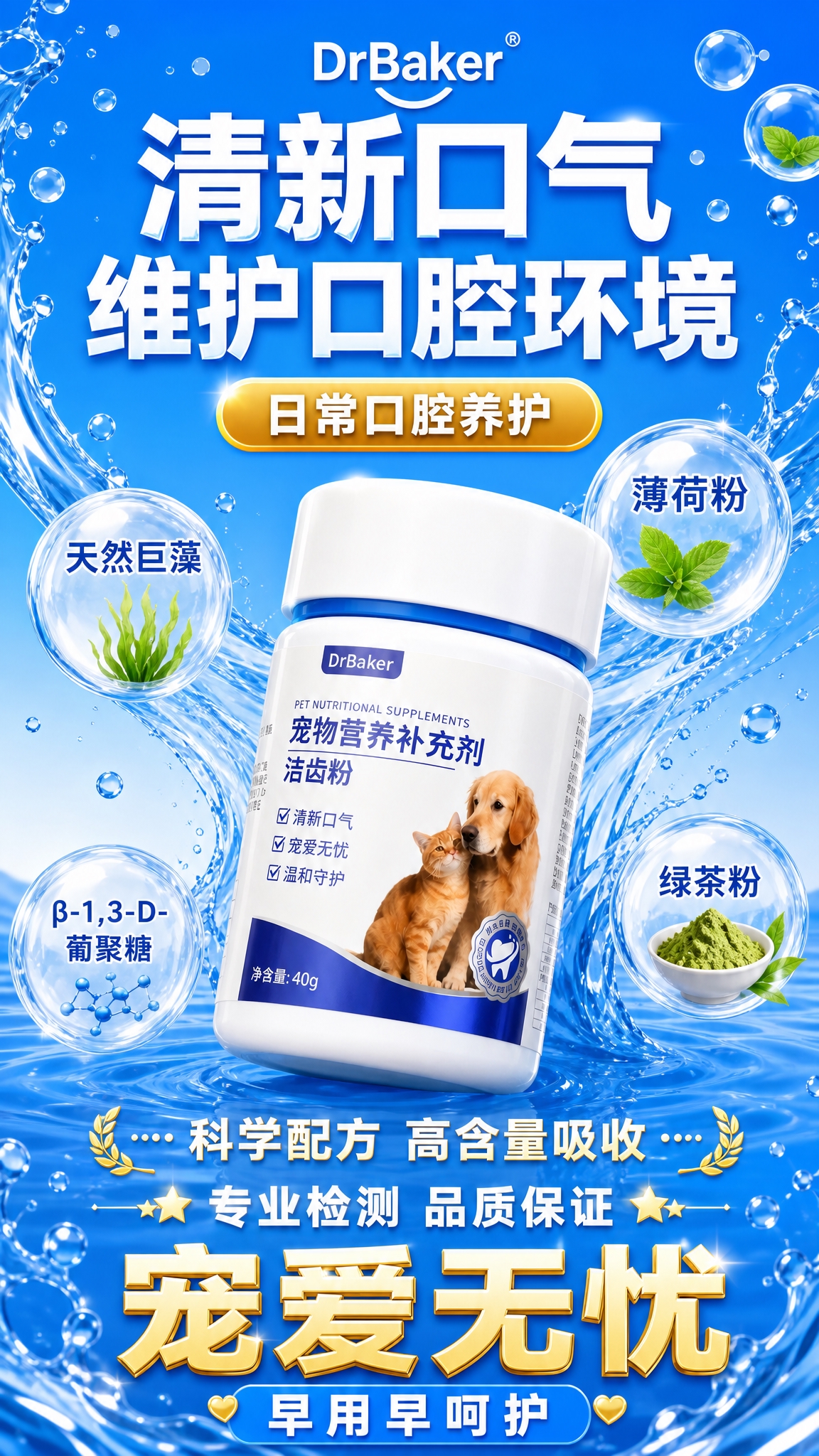 拼多多风格电商主图，蓝色水流水珠清新背景。中间居中展示DrBa… - 图片创意预览