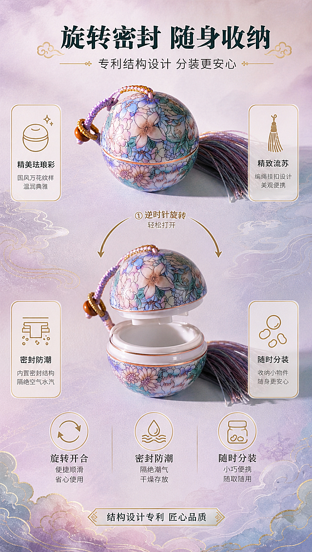 [商品] 使用【图1】骨子里国风万花款珐琅彩陶瓷分装罐挂件；保留球形瓷罐上下开合结构、描金腰线接缝、内部收纳空间、编绳挂扣与流苏；商品处理：展示旋转开合状态，上盖与下罐微微分离，清晰呈现密封结构与内部收纳腔，保留产品外观颜色与花纹。
[画面] 页面目标：功能演示，说明旋转密封开合与随身分装收纳功能；构图上下分层，上半部分展示产品闭合完整形态，下半部分展示旋转打开后的内部收纳空间，中间用箭头与步骤示意；左右两侧配功能图标与说明；产品占画面65%，突出结构设计。
[视觉] 套系策略：风格=新中式雅致商业摄影；标题字=宋体衬线粗体；正文字=纤细无衬线体；主色=粉紫青渐变；背景延展=基于粉紫青做深浅层级、同色渐变和宣纸/丝绸质感；强调色=描金暖金色，仅用于小面积图标、引线、标签和装饰线条；标题色=深墨青；正文色=中暖灰；组件=圆角金线信息卡、细金线引线、云纹装饰元素；光影=正上方柔光，均匀照亮开合结构与内部。
[文字] 顶部主标题「旋转密封 随身收纳」，副标题「专利结构设计 分装更安心」；下方3个功能点配图标：旋转开合 / 密封防潮 / 随时分装；底部标注「结构设计专利 匠心品质」；文字全部横向排版，分布在顶部与两侧，不遮挡开合结构展示。
[规格] 图片比例9:16竖版，4K分辨率，负向提示：避免变形、错字、文字过小、冷蓝灰背景、产品颜色改变、结构失真、二维码、水印、绝对化用语、医疗功效承诺。