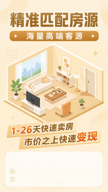 竖版电梯房产宣传海报，9:16比例，参考图2的暖色系等距插画风格。顶部大主标题文案："精准匹配房源"，副标题文案："海量高端客源"，中部卖点文案："1-26天快速卖房，市价之上快速变现"，底部预留空白预览效果