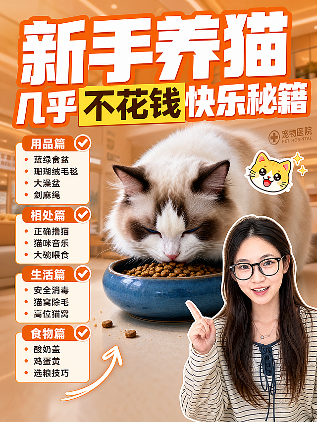 小红书笔记大字封面，配图大字，高饱和撞色干货风，版式精美，小红书笔记封面质感，适合信息流点击。版式骨架、分区比例、色调体系与参考图保持一致（相似度约70%），文案与配图换为本次新手养猫内容。主标题必须完整呈现且为画面视觉中心，逐字锁定：「新手养猫 几乎不花钱快乐秘籍」。主标题字号占画面约50%视觉权重，清晰可读，不得增删改字。分类要点：画面左侧以分栏清单形式选择性呈现核心要点，分为用品篇、相处篇、生活篇、食物篇四个板块，每个板块3-4条精简文字，用品篇含「蓝绿食盆」「珊瑚绒毛毯」「大澡盆」「剑麻绳」，相处篇含「正确撸猫」「猫咪音乐」「大碗喂食」，生活篇含「安全消毒」「猫窝除毛」「高位猫窝」，食物篇含「酸奶盖」「鸡蛋黄」「选粮技巧」，文字简洁醒目，布局协调不拥挤，不强行堆砌全部内容。背景：宠物医院室内场景轻度模糊虚化作为底图，叠加暖橙色半透明遮罩以突出大字，保留医院温馨干净氛围但弱化细节。标题排版：扁平超粗黑体白字+橙色粗描边，部分关键词加黄色矩形色块底增强对比，采用配图大字I10超大字+人物拼贴策略。配图：【图3】中的布偶猫吃猫粮画面作为画面主体，放大占据画面中上核心区域，猫咪低头干饭姿态保留，作为视觉主角；【图2】戴黑框眼镜穿条纹衫女生人物抠图后放在右下角，人物外形、发型、条纹衫与上传图一致，伸出一只手做展示状指向标题方向，大小适中不抢主标题。装饰：猫咪旁加1个可爱猫咪emoji小贴纸；左下角加1个手绘弯曲箭头指向要点清单；另加橙色色块底框与白色对勾图标装饰要点清单，位置克制不抢主标题；禁止二维码占位。整体氛围：干货满满、省钱快乐、宠物科普感。画质：高清细腻，信息层级清晰，主标题白字橙边与暖橙遮罩背景强对比，文字完整处于安全区内不可裁切，四周留安全边距。画面比例3:4，4K。图生图：严格使用用户上传图片，【图1】=版式风格参考图，【图2】=右下角人物抠图配图，【图3】=猫咪主体配图，顺序与上传一致。